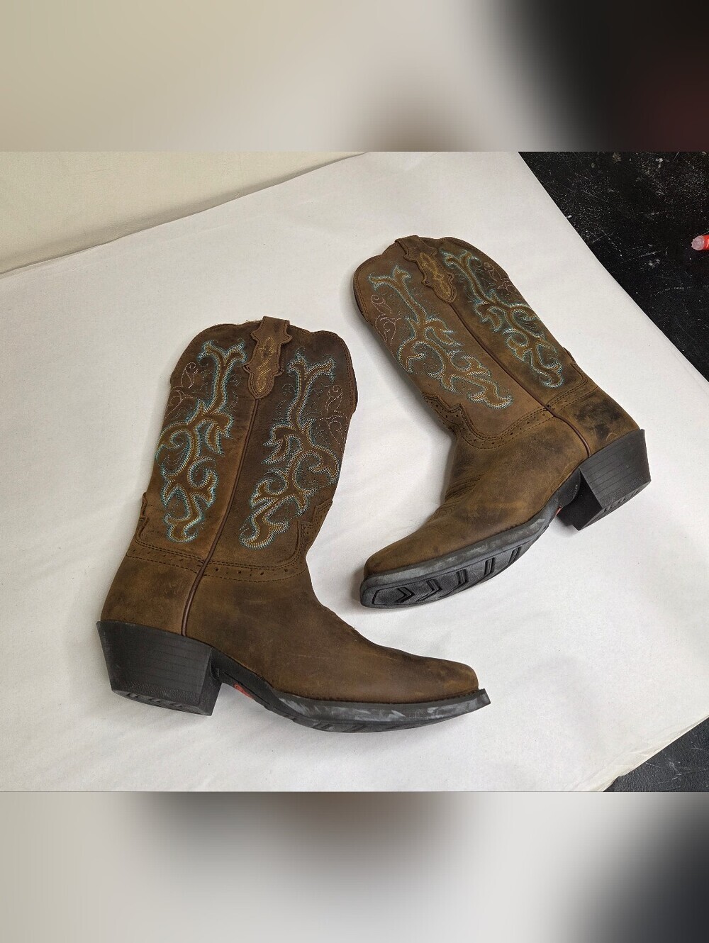 Justin Boots Brown Leather Western Cowboy‎ Boots Embroidered Square Toe  8.5B